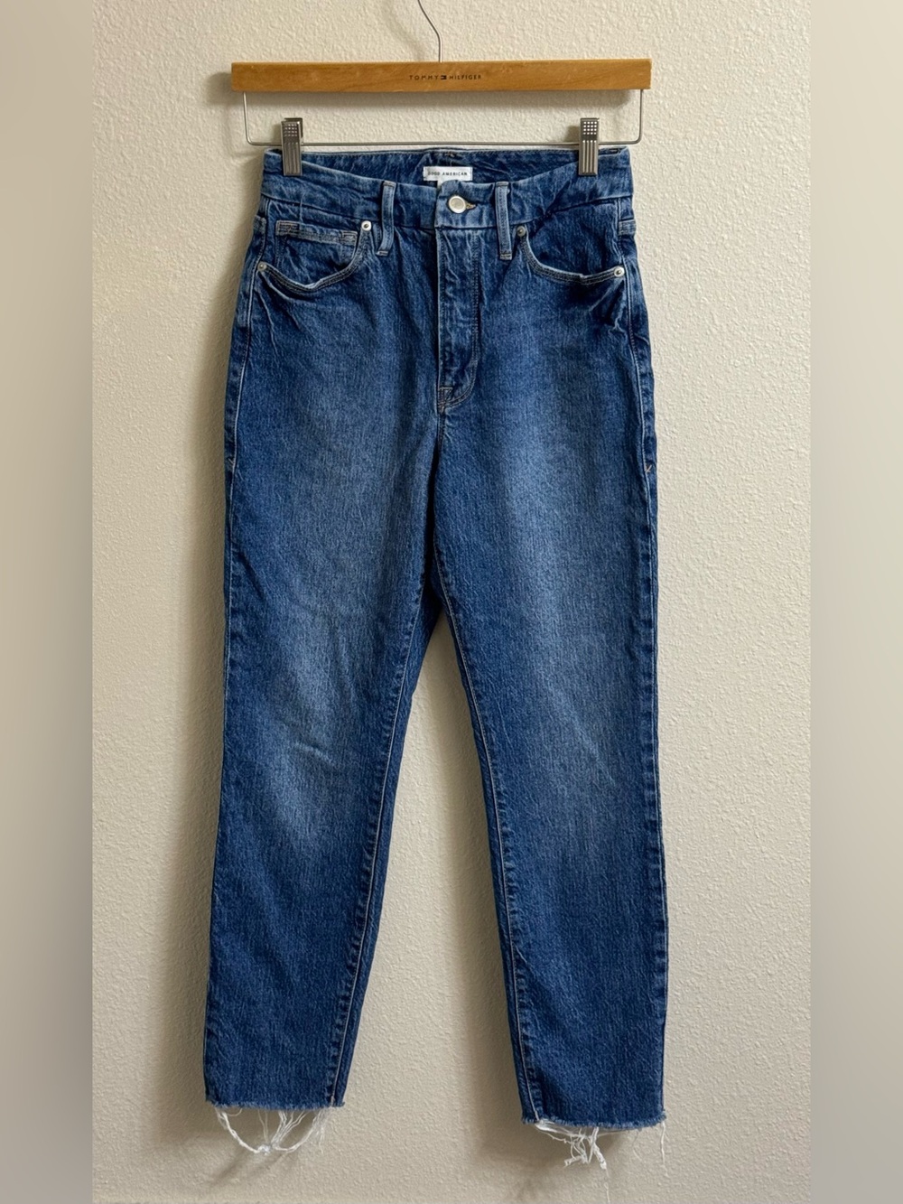 Good American Good ‘90s Straight Crop Jeans Womens Size 4/27 Medium Wash Raw Hem